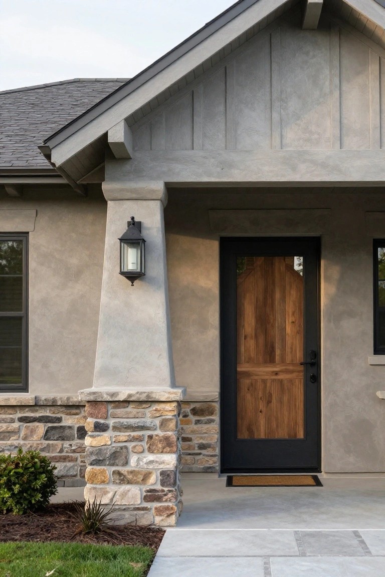 Front view of a house exterior with light gray stucco walls, dark wood front door with glass panels and Z-bracing, stone pillar support, black lantern light, and concrete porch with doormat.