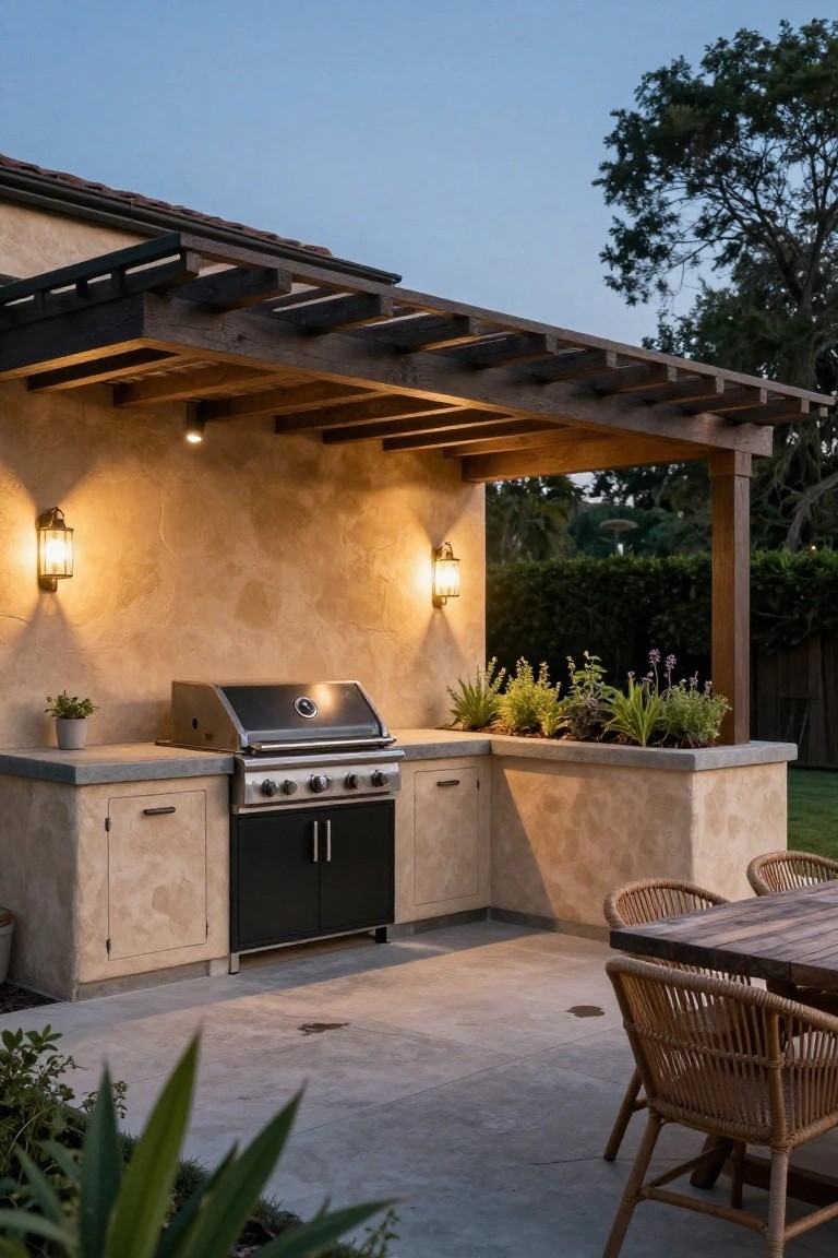Light beige stucco wall with built-in stainless steel gas grill, black cabinets below, and potted plants on top, under wooden pergola with wall lanterns, next to wicker dining table on concrete patio surrounded by greenery at dusk.