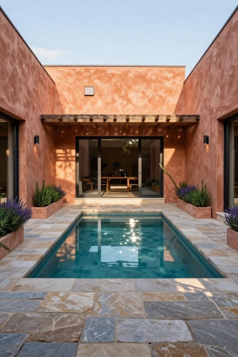 View of a small rectangular turquoise pool in a courtyard surrounded by textured terracotta stucco walls, wooden beam pergola overhead, stone tile decking, lavender plants in terracotta planters, and glass doors opening to an interior dining area.