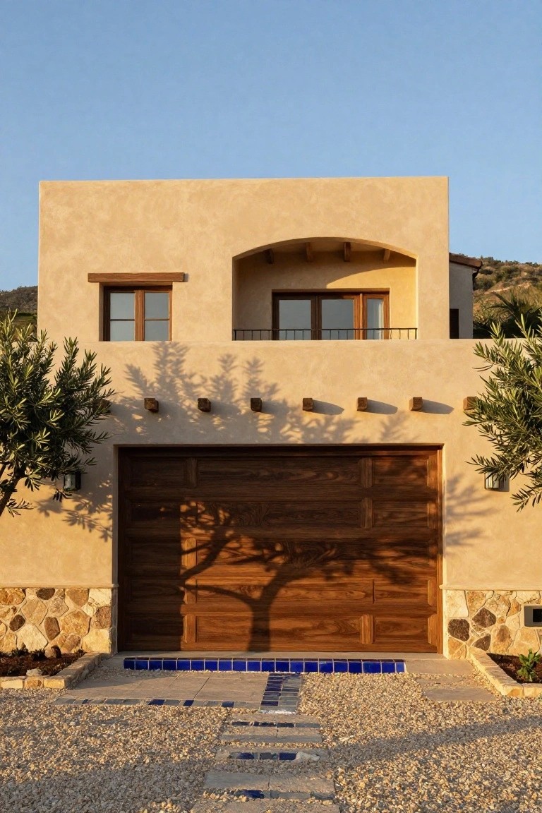 A two-story house exterior with smooth light beige stucco walls, a large wooden garage door, stone base, flanked by olive trees, blue tiled path leading to gravel driveway, and hills in the background.
