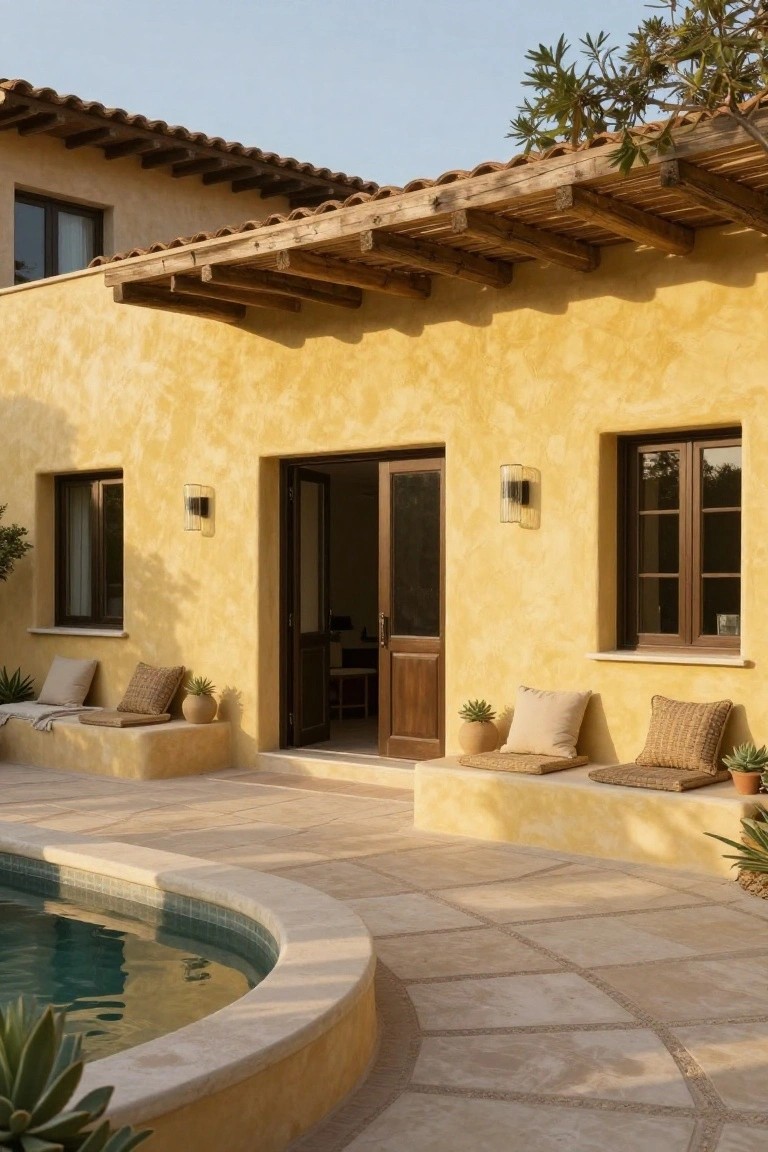 Yellow textured stucco walls on a house exterior with open wooden doors, wall sconces, built-in benches with cushions and potted plants, and a curved turquoise pool edge nearby.