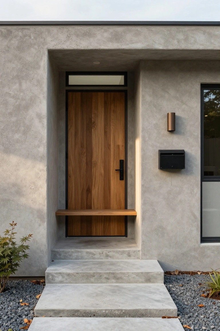 Modern house front entrance with light gray stucco walls, recessed tall wooden door and bench, black door handle and mailbox, concrete steps, and small plants with gravel nearby.
