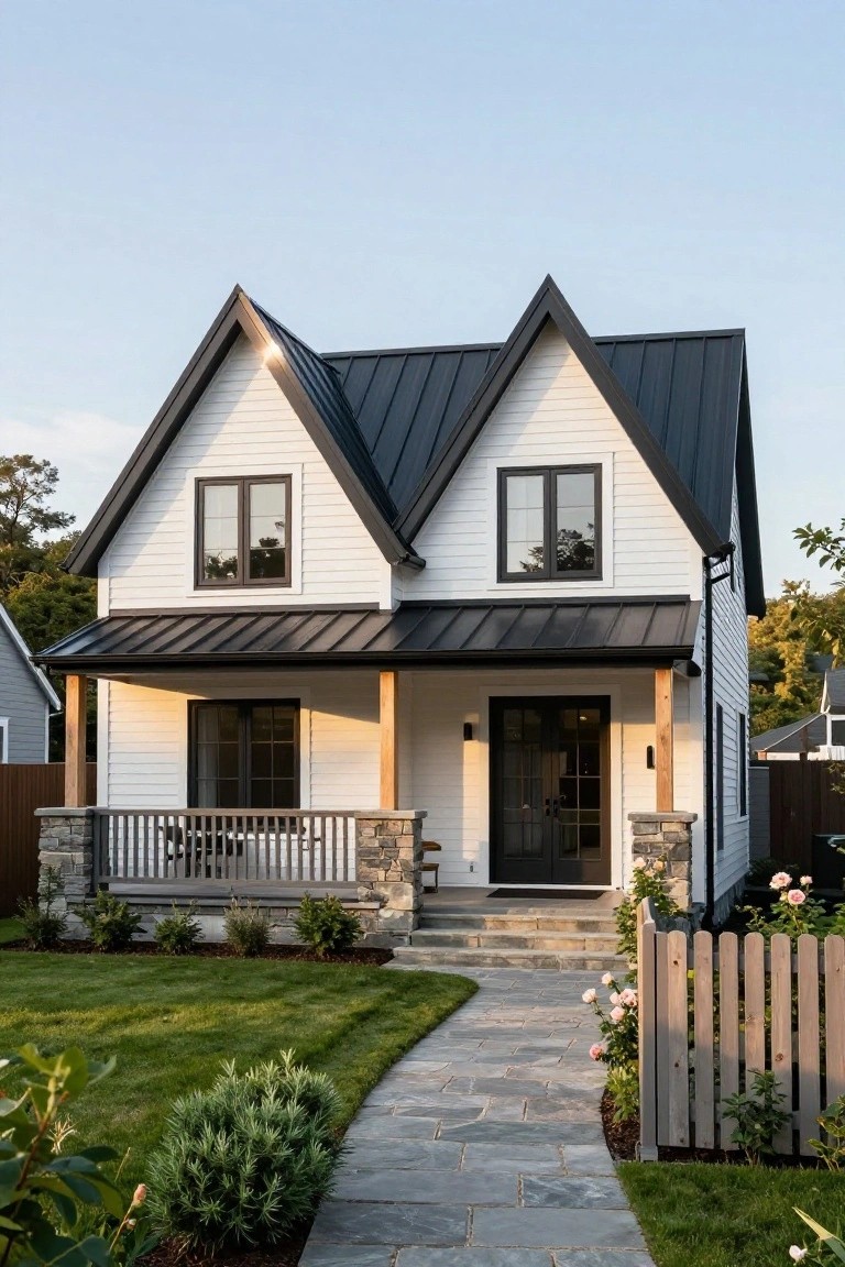 Two-story white board-and-batten house with black standing-seam metal gable roofs, covered front porch supported by wooden posts and stone pillars, black double front doors, stone steps, flagstone pathway, green lawn, shrubs, and rose bushes along a picket fence.