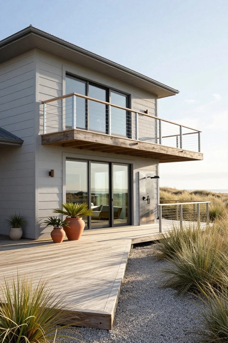 Two-story modern house with light gray siding, upper wooden balcony with cable railings, large sliding glass doors on lower deck, potted plants, dune grasses, gravel path, and ocean view in background.