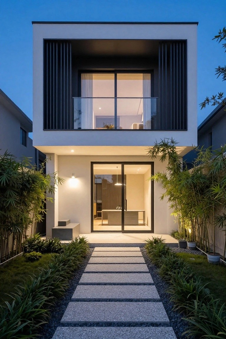 Two-story modern white house exterior at dusk featuring black vertical slats on upper balcony and side, large glass sliding doors at ground level entry, pebble stone pathway, and tall bamboo plants flanking the front.