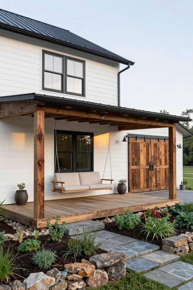 Two-story white clapboard house with dark metal roof, covered porch supported by wooden posts, hanging beige swing bench, double barn-style garage doors, wooden deck, stone pathway, and landscaped beds with plants and rocks.