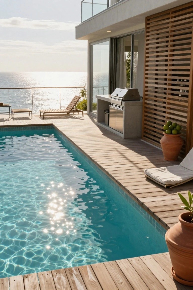 Turquoise infinity edge pool beside a light wooden deck on a modern house terrace, with built-in BBQ counter, loungers, potted plants, and ocean view in the background.