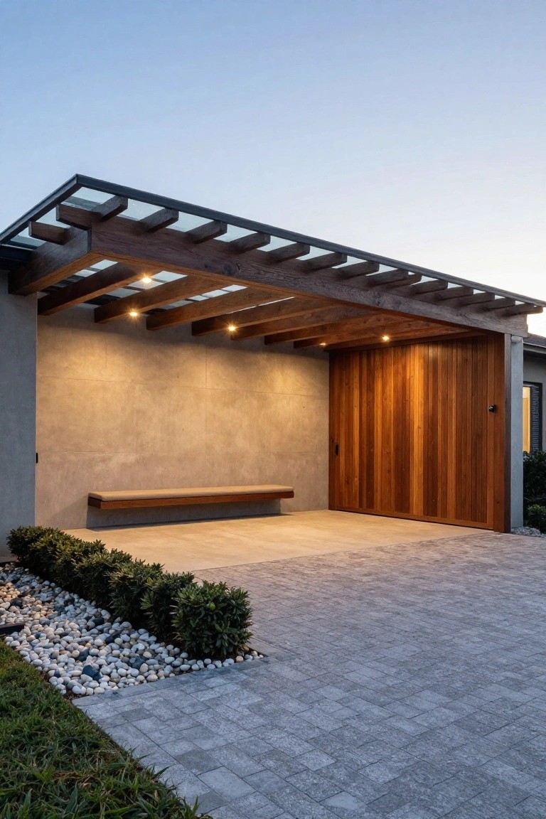 Contemporary carport with glass-paneled wooden pergola roof, beige stucco wall, vertical slat wooden gate, built-in bench, paver driveway, boxwood shrubs, pebble edging, and grass at twilight.
