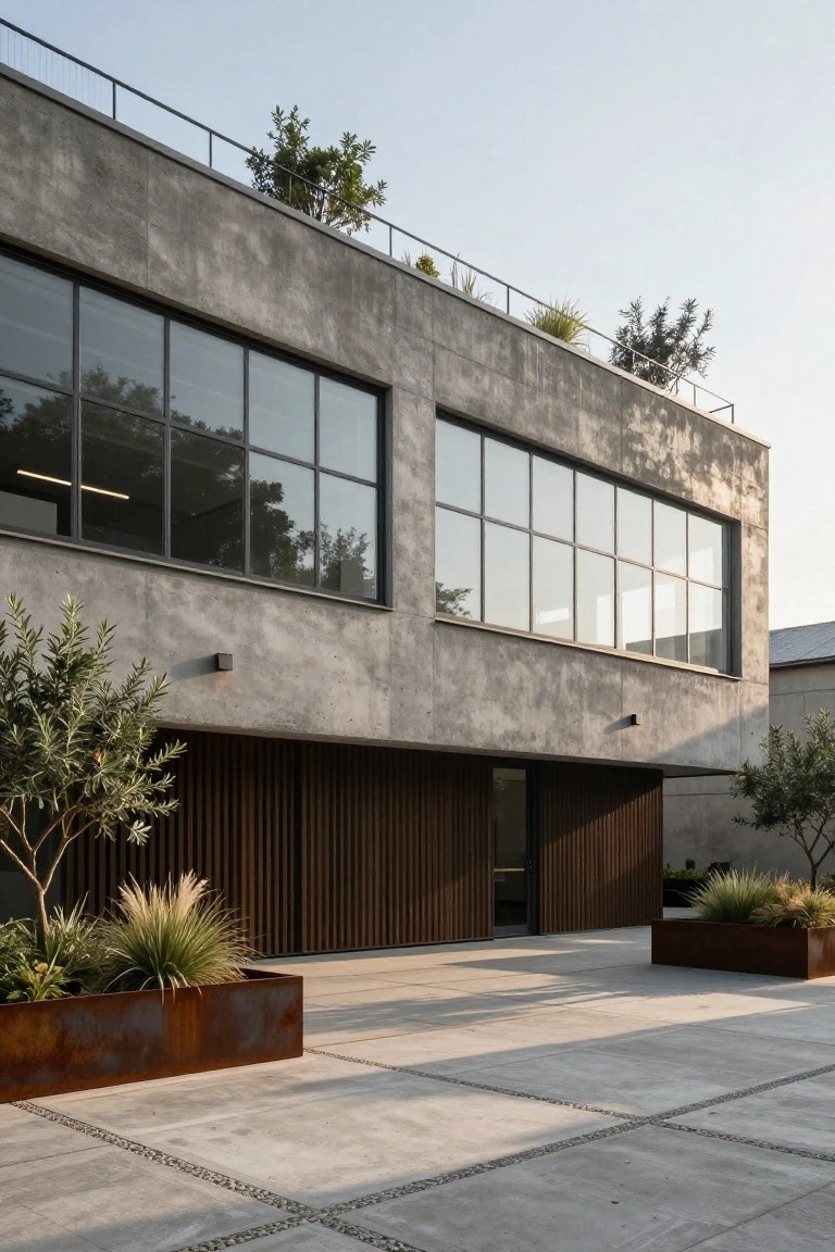 Two-story modern house exterior with textured gray concrete walls, large steel-framed grid windows, recessed entry clad in vertical wooden slats, olive trees, pampas grass in corten steel planters, and a paved concrete courtyard.