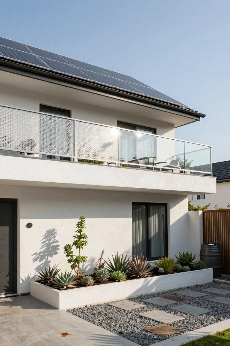 Two-story modern white house exterior with black-framed windows and door, solar panels on sloped dark roof, mesh-screened balcony with glass railing above, and raised white planter box of succulents beside pebbled path and concrete driveway.