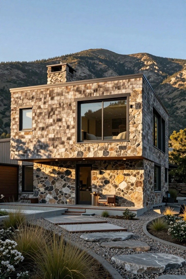 Two-story modern house with colorful varied stone base, dark shingle upper siding, chimney, large windows, entry steps, stone path, gravel, grasses, and mountain backdrop.