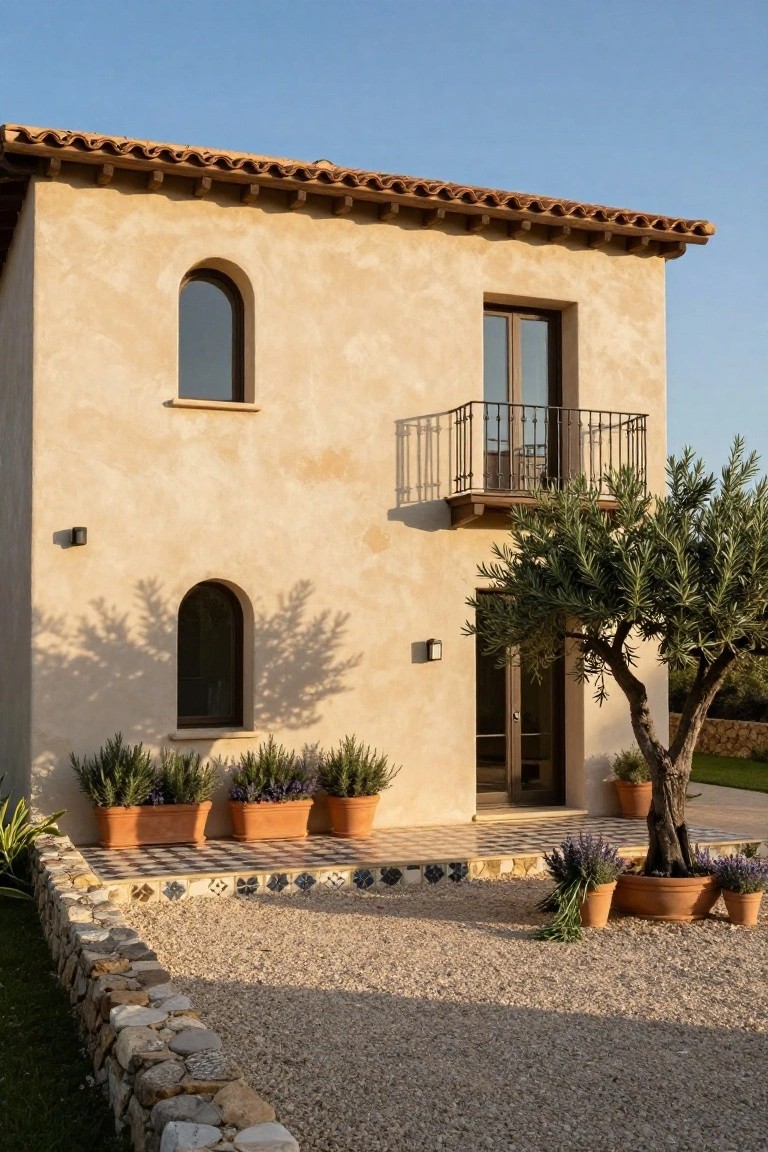 Two-story house exterior with beige stucco walls, terracotta tile roof, upper arched window and balcony with iron railing, lower arched window and glass door, potted plants, olive tree, gravel courtyard, tiled entry landing, and stone wall under clear blue sky.