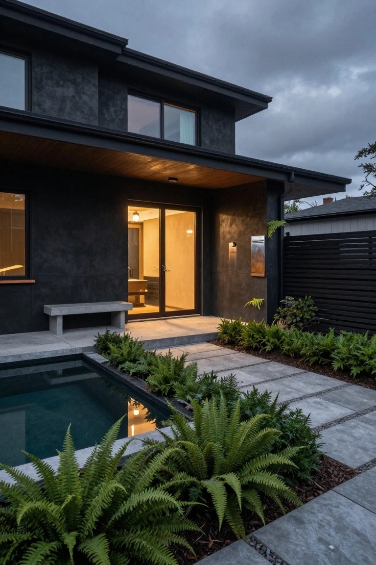 Two-story modern house with black textured walls, wooden overhang over illuminated glass sliding entry doors, concrete bench beside a small rectangular pool edged in ferns, stone pavers, and black slatted fence under cloudy skies.