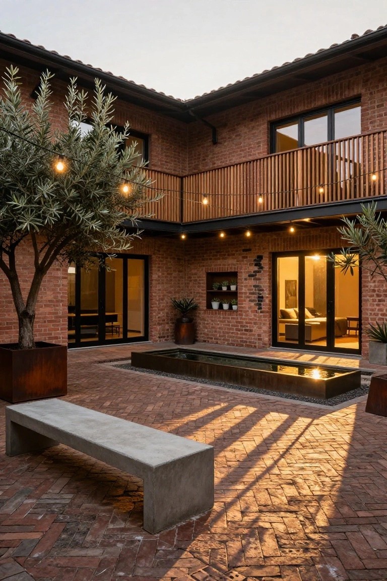 Two-story red brick house corner enclosing a rectangular black reflecting pool on brick pavers, with a long concrete bench, two olive trees in corten steel pots, wooden balcony with string lights overhead, large black-framed glass doors, and potted plants against the walls.