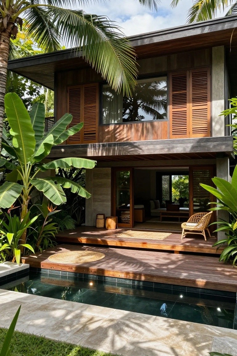 Two-story modern house exterior with dark wood cladding and shutters on the upper facade, concrete lower level, wooden deck with small rectangular dark-tiled pool, rattan chair, and surrounding tropical plants including palms and banana trees.