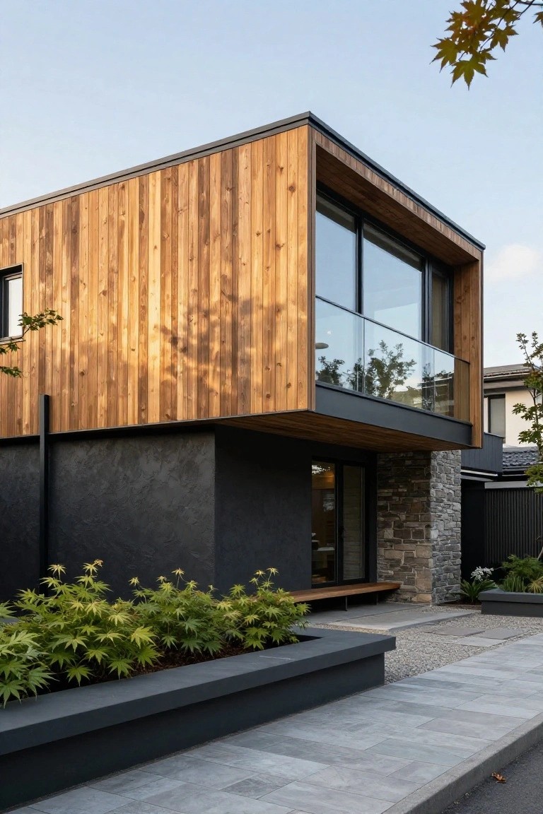 Two-story modern house exterior with vertical cedar wood cladding on upper levels, black textured render on lower walls, glass balcony railing, stone entry feature, potted plants in black planters, and paved pathway.
