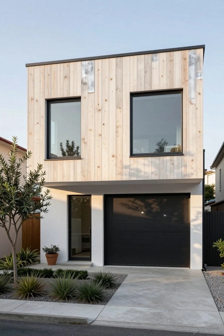 Two-story modern house exterior with light vertical wood cladding, two large black-framed windows on upper level, white entry section with glass door, black garage door, concrete driveway, and front landscaping with agave plants and potted shrub.