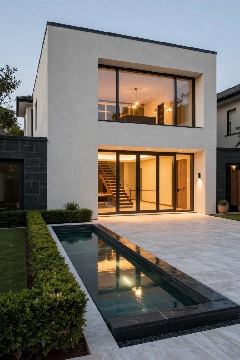Two-story modern house exterior at dusk featuring white stucco upper walls, black stone lower panels and side walls, large frameless glass windows and sliding entry doors, a narrow reflecting pool beside boxwood hedges, and a light-colored tiled pathway.