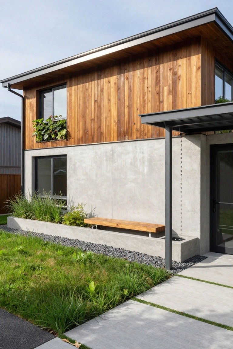 Two-story modern house exterior with vertical wood siding on upper level, smooth gray concrete base featuring integrated planter box with bench and plants, covered entry, and concrete pathway.