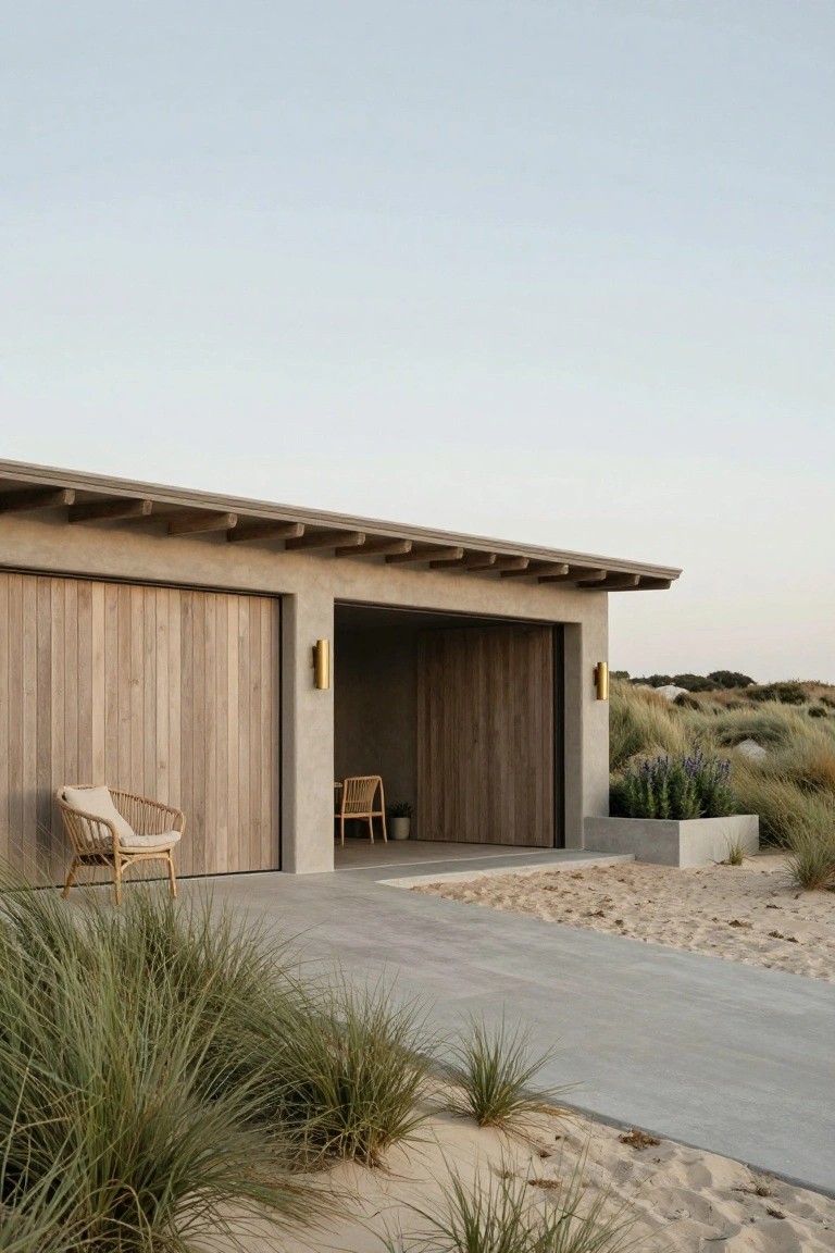Modern garage structure with vertical wood-paneled doors partially open, concrete walls and floor, flanked by sand dunes and beach grasses, a wicker chair positioned nearby.