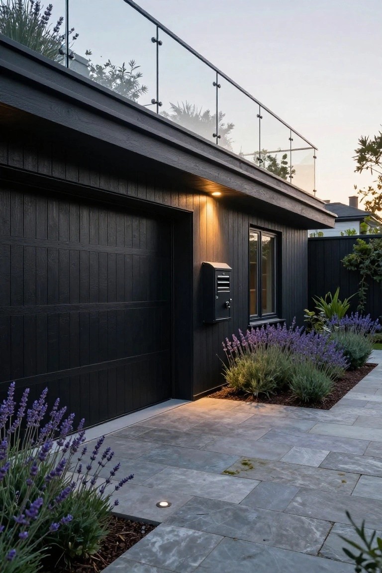 Side view of a modern black vertical timber-clad garage door and adjacent wall with window and mailbox, purple lavender plants in beds along a gray paver pathway, glass balustrade balcony above, and dusk lighting.