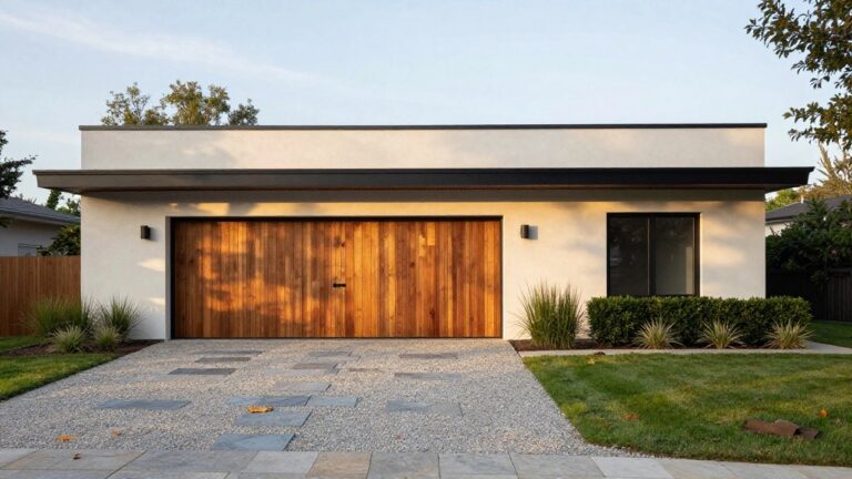 13 Modern House Exterior With Garage Designs That Add Function A two-story modern house exterior with vertical cedar wood cladding on the upper level, white stucco walls, black double garage doors, gravel driveway, stone paver path, and low plantings in front.