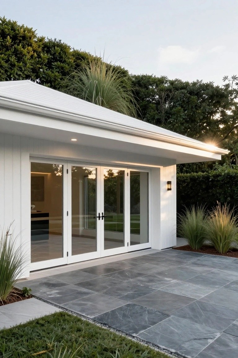 White vertical board-and-batten garage exterior with large multi-panel folding glass doors partially open to reveal a dark kitchen island inside, gray slate tile patio, and surrounding grasses and hedges.