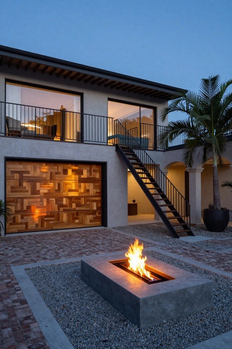 Modern two-story house exterior at dusk featuring a large garage door with geometric wooden panels, black metal staircase leading to a balcony, square fire pit with flames, palm tree, and brick pavers.