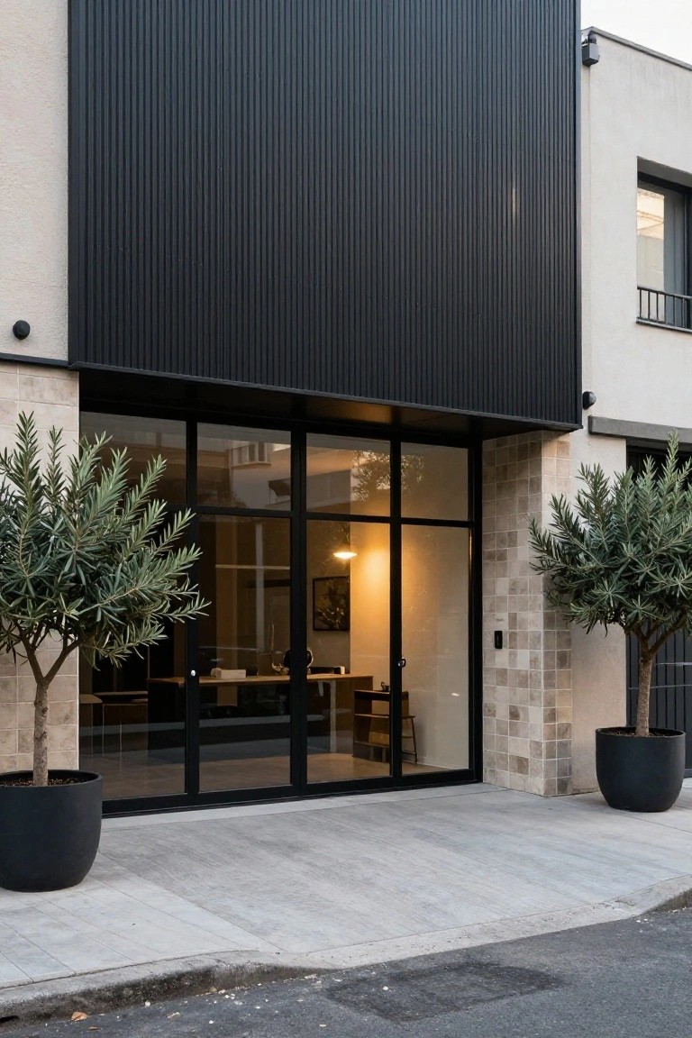 Modern two-story house exterior with black vertical cladding on the left side, beige stone tiling on the right, large frameless glass entry doors, potted olive trees flanking the entrance, and a concrete front path.