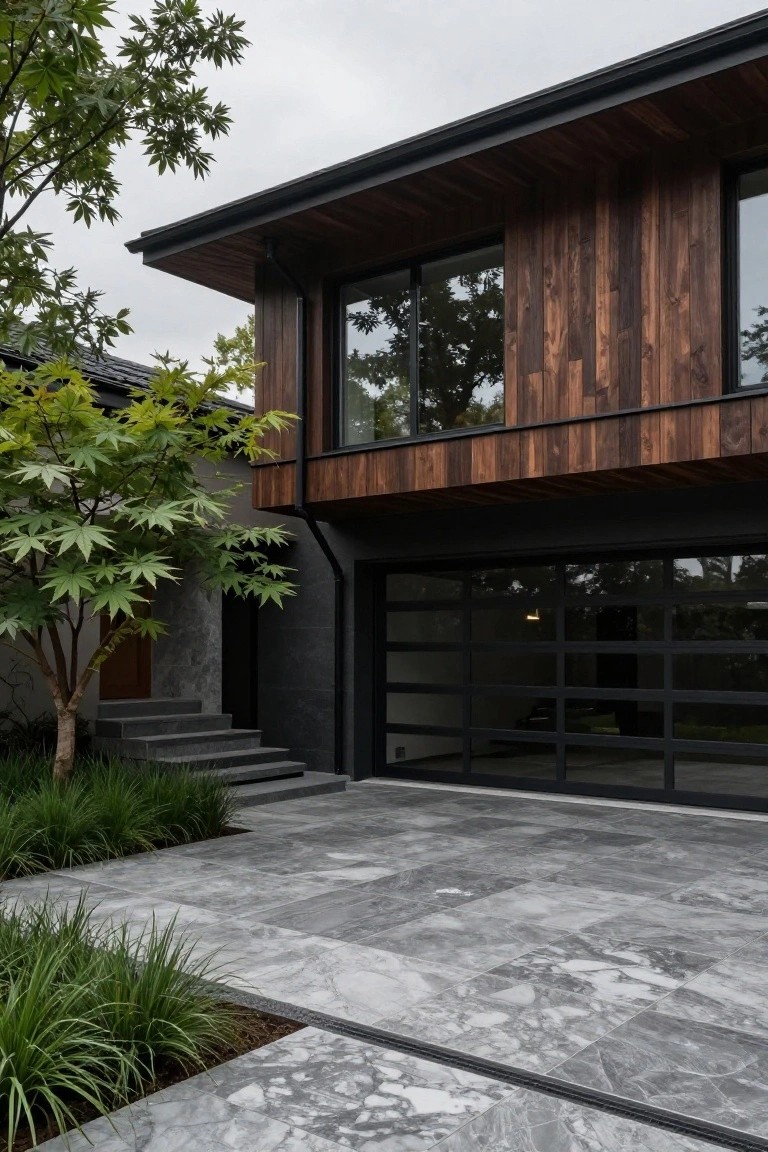Modern house exterior with vertical brown wood cladding on walls and overhang, large black-tinted glass garage door, side entry with dark steps, ginkgo tree, ornamental grasses, and gray veined stone pavers in the driveway area.