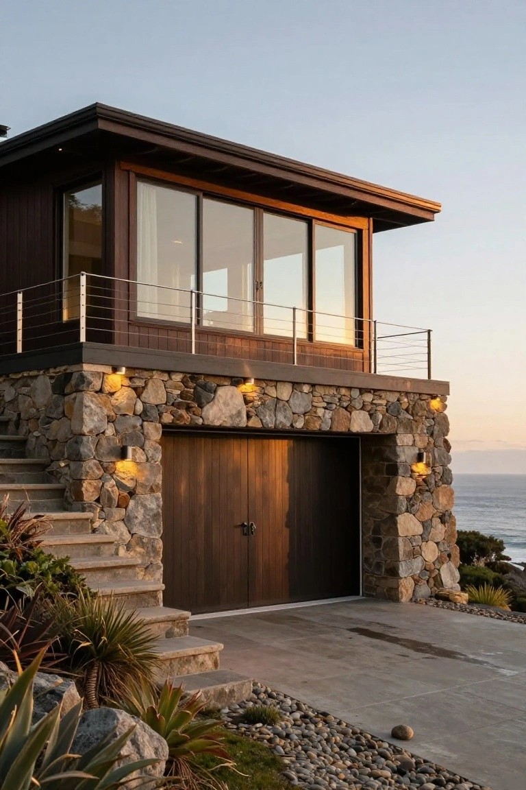 Modern house exterior with wooden garage door framed by stacked natural stone walls, wooden upper structure with balcony and large windows, stone steps, drought-tolerant plants, and ocean backdrop at dusk.