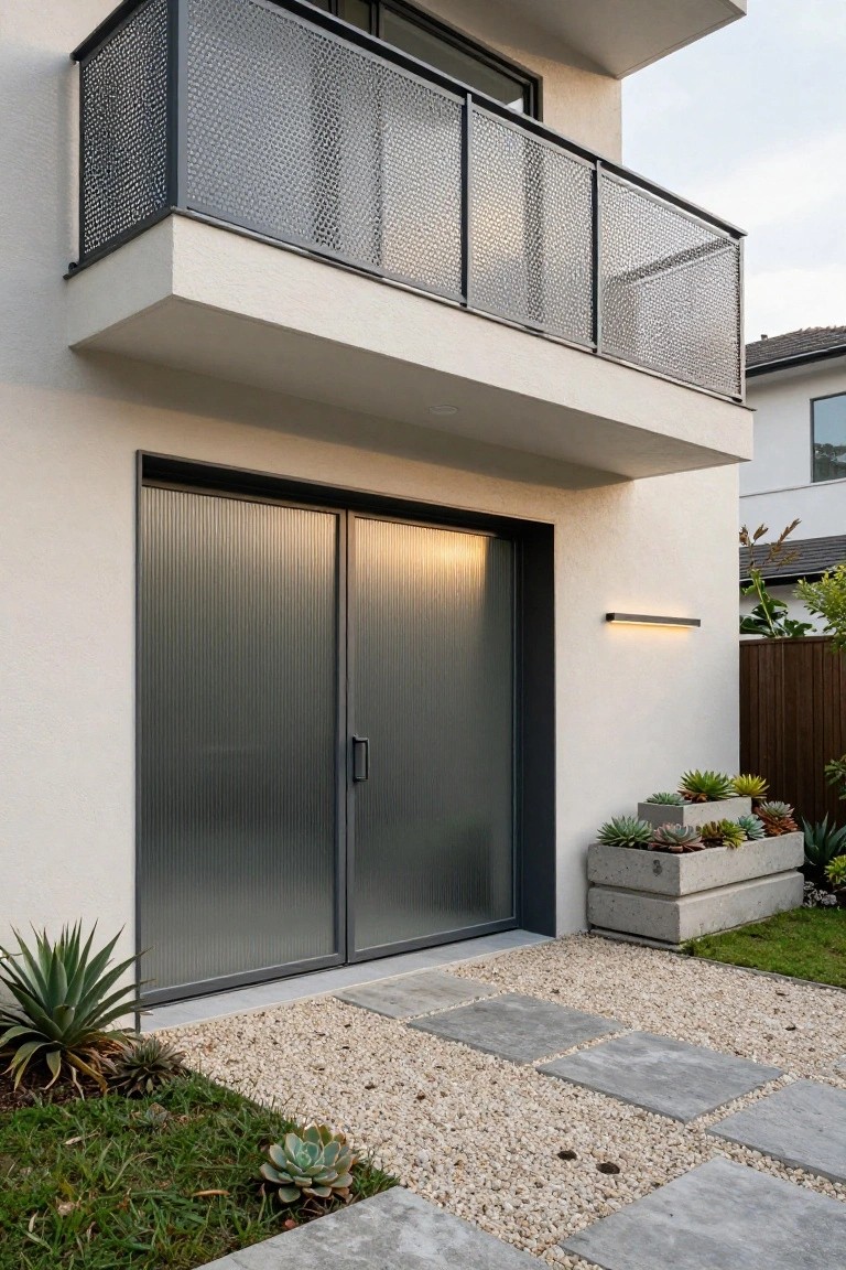 Modern two-story house exterior with upper balcony featuring black mesh railing, large gray ribbed sliding garage doors at ground level, wall-mounted light fixture, concrete planters with succulents, gravel ground cover, and stone pavers.
