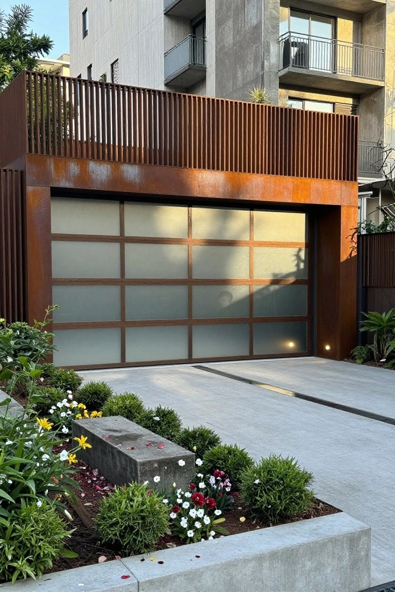 Modern garage enclosure with vertical rusted metal panels framing a large frosted glass door divided into nine panes, concrete driveway, low plantings, and adjacent urban buildings.