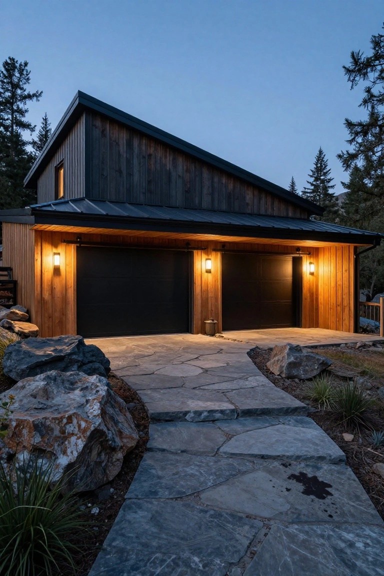 Modern sloped-roof house exterior at dusk with double black garage doors under a wooden overhang, flanked by cedar siding, stone path, rocks, and trees.