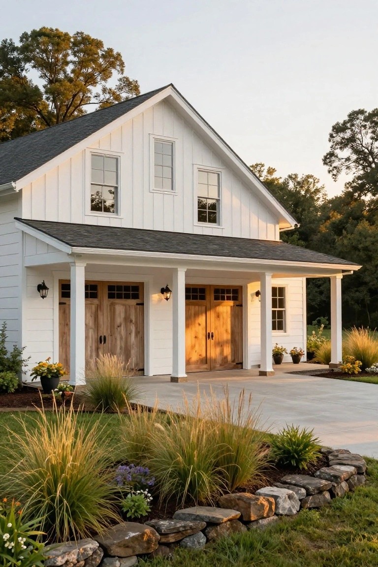 White board-and-batten sided gabled garage with double wooden paneled doors under a covered porch supported by columns, black shingle roof, lantern lights, and adjacent landscaping with ornamental grasses and stone edging.