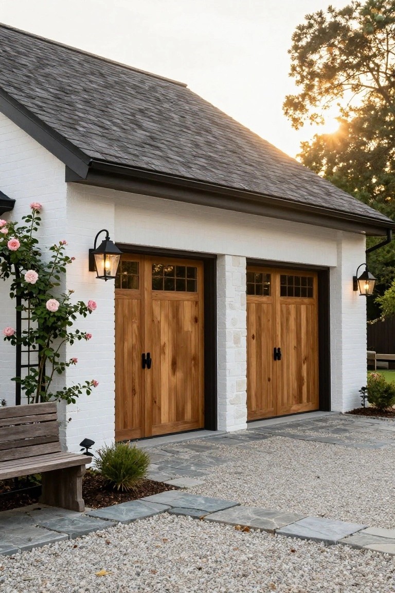 Detached white brick garage with two vertical wood-paneled doors featuring upper glass panels, black lantern lights mounted on walls beside doors, pink climbing roses on trellis next to left door, wooden bench on gravel driveway with stone pavers.