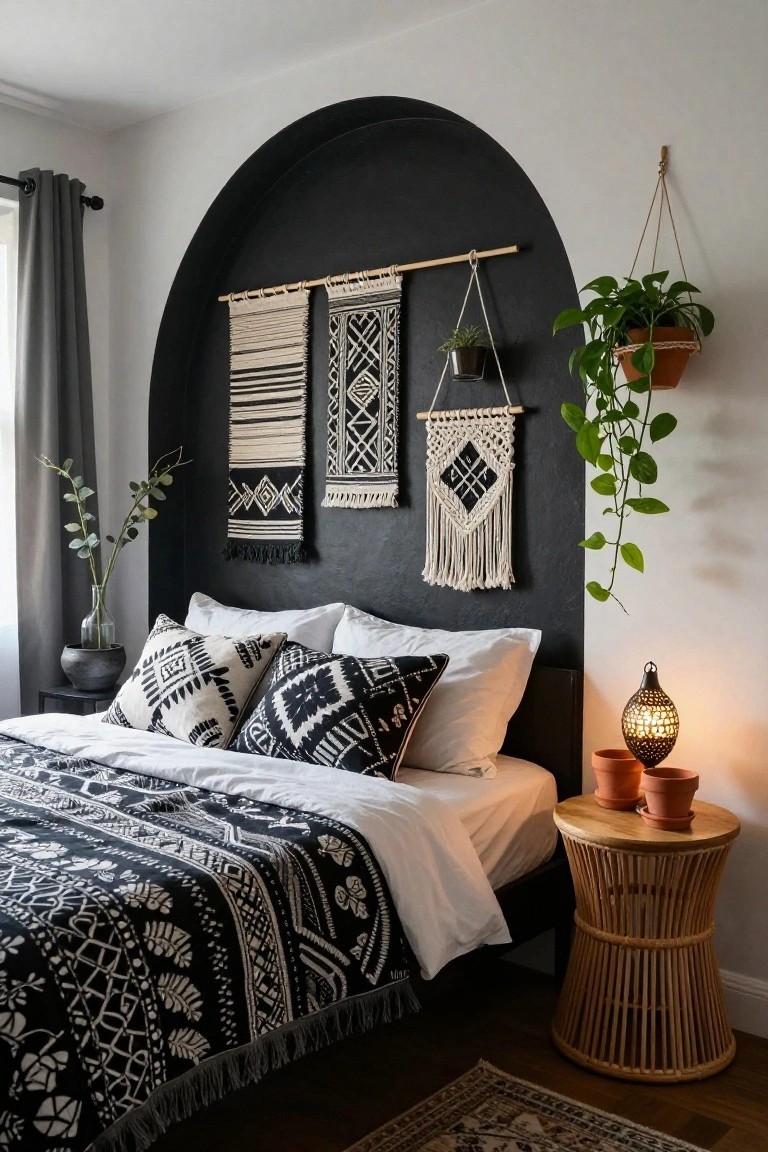 Bedroom interior with black arched wall niche behind bed, featuring woven and macrame wall hangings on wooden rods, hanging plants, black and white geometric pillows and duvet, rattan side table with lanterns and terracotta pots, gray curtains on window.