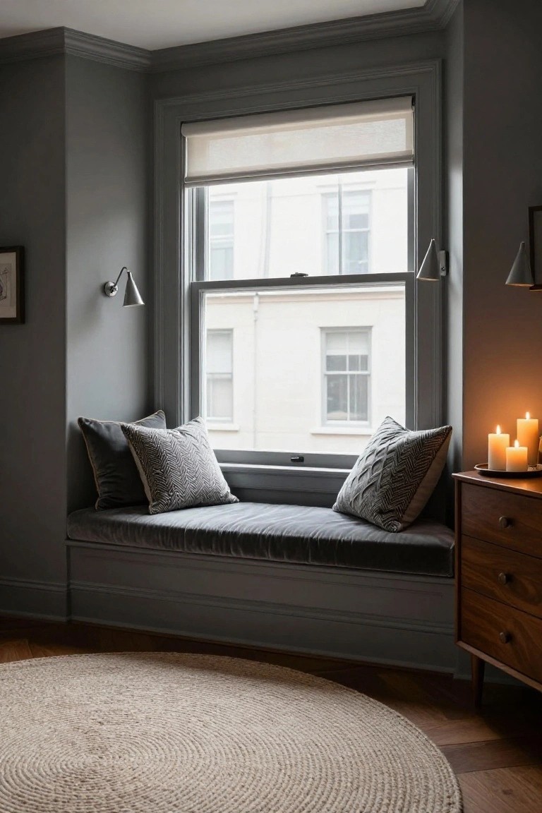 Gray built-in window seat with velvet cushion and patterned pillows in a corner room with large window, wall sconces, wooden dresser holding candles, and round seagrass rug on wood floor.