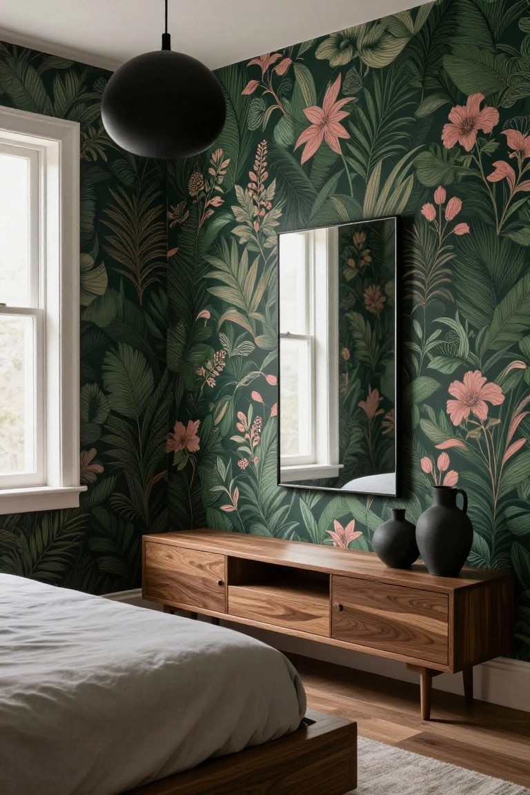 Bedroom interior with dark green wallpaper patterned in pink flowers and green foliage, wooden platform bed with gray linens, low wooden media console topped with two black ceramic vases, black pendant light, and tall black-framed mirror.