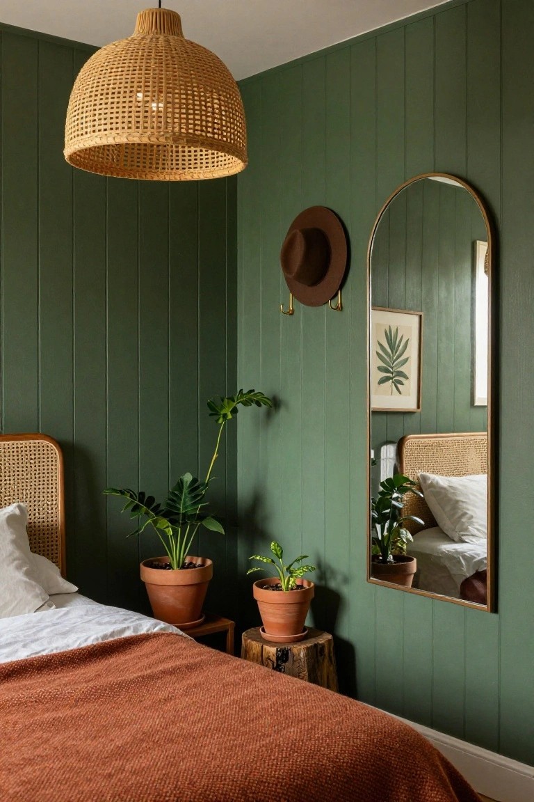 Bedroom interior with dark green vertical paneled walls, rattan headboard bed topped with orange blanket and white pillows, potted plants, arched gold mirror, brown hat on hooks, rattan pendant light, and wood stool.