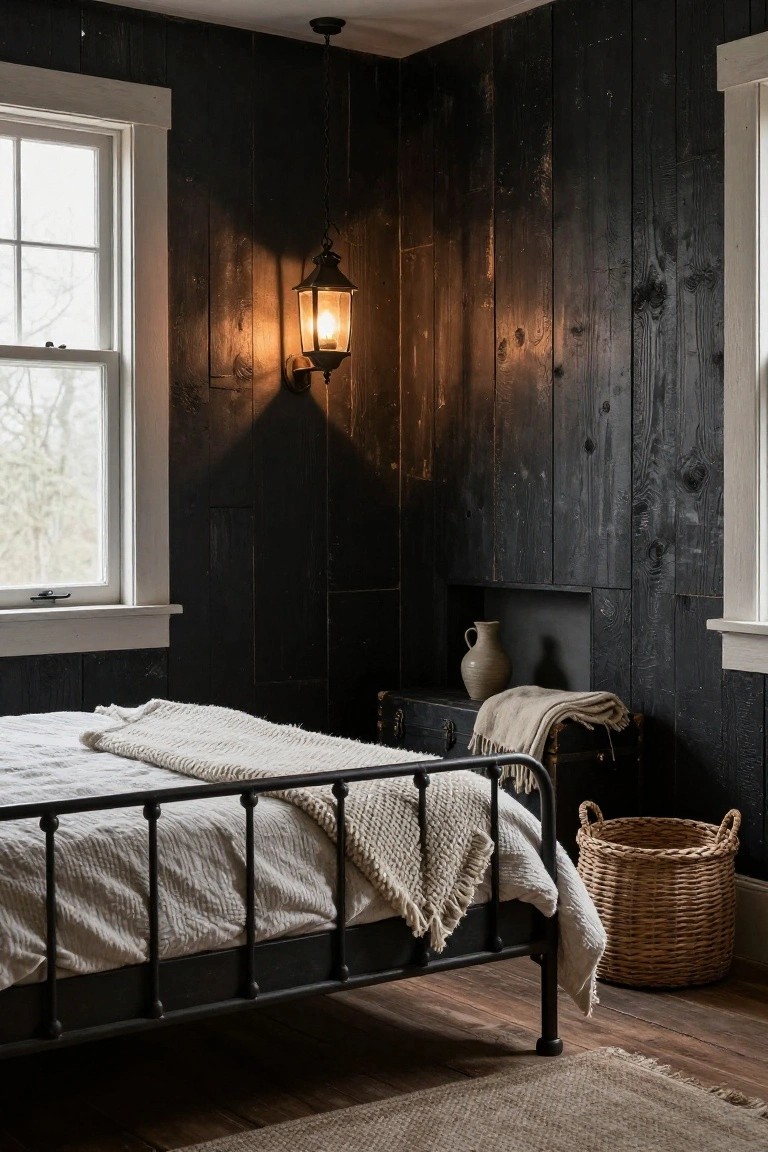 Corner view of a bedroom with dark shiplap walls, black iron bed draped in white linens and knit blankets, wall-mounted lantern light, double-hung window, ceramic jug on built-in shelf, wooden trunk, seagrass basket, and wood floor with rug.