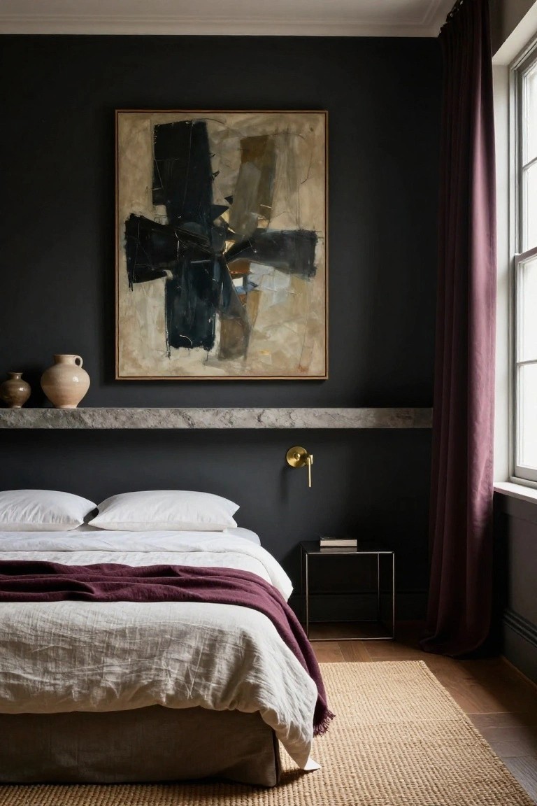 Bedroom interior featuring dark charcoal walls, a large framed abstract painting above a concrete ledge shelf with terracotta pots, a bed with white linen sheets and pillows topped by a purple throw, a gold wall sconce, purple curtains on a window, a metal side table, and a seagrass rug on wood flooring.
