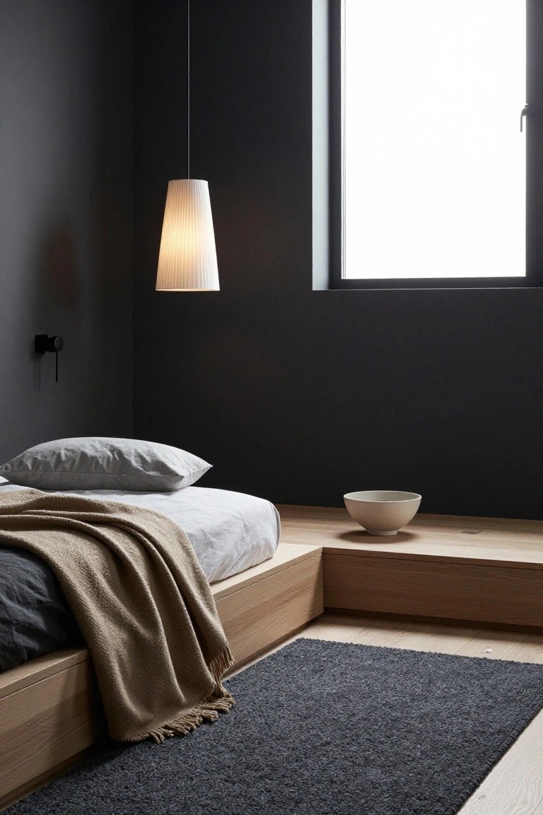 Dark Walls with a Wood Platform Bed