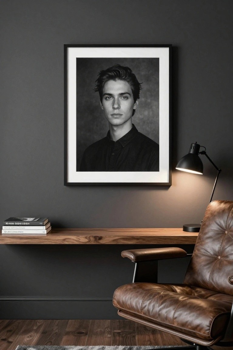 Black-and-white framed portrait of a young man with tousled hair on dark gray wall above wooden desk with stacked books, black lamp, and brown leather swivel chair in modern interior.