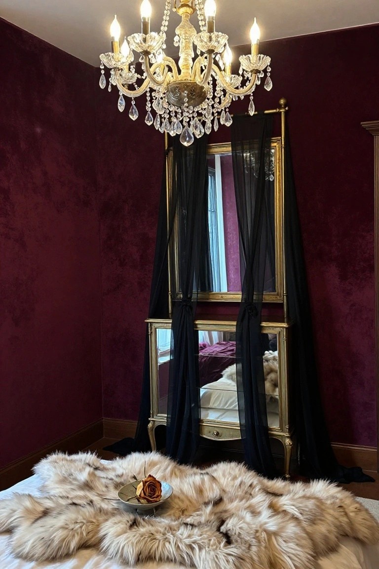 Bedroom corner with deep burgundy textured walls, gold crystal chandelier hanging from the ceiling, tall ornate gold mirror framed by black drapes, shaggy light fur rug on a bed, and a bowl holding a wilted rose.