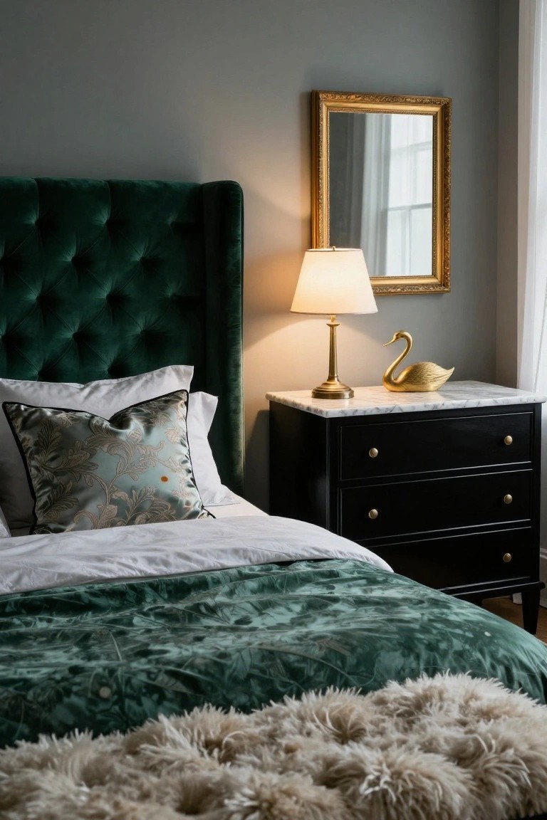 Bedroom interior with tufted emerald green velvet headboard, white sheets, patterned pillows, green duvet, sheepskin throw at foot, black dresser with white marble top holding brass lamp and gold swan, gold-framed mirror on gray wall.