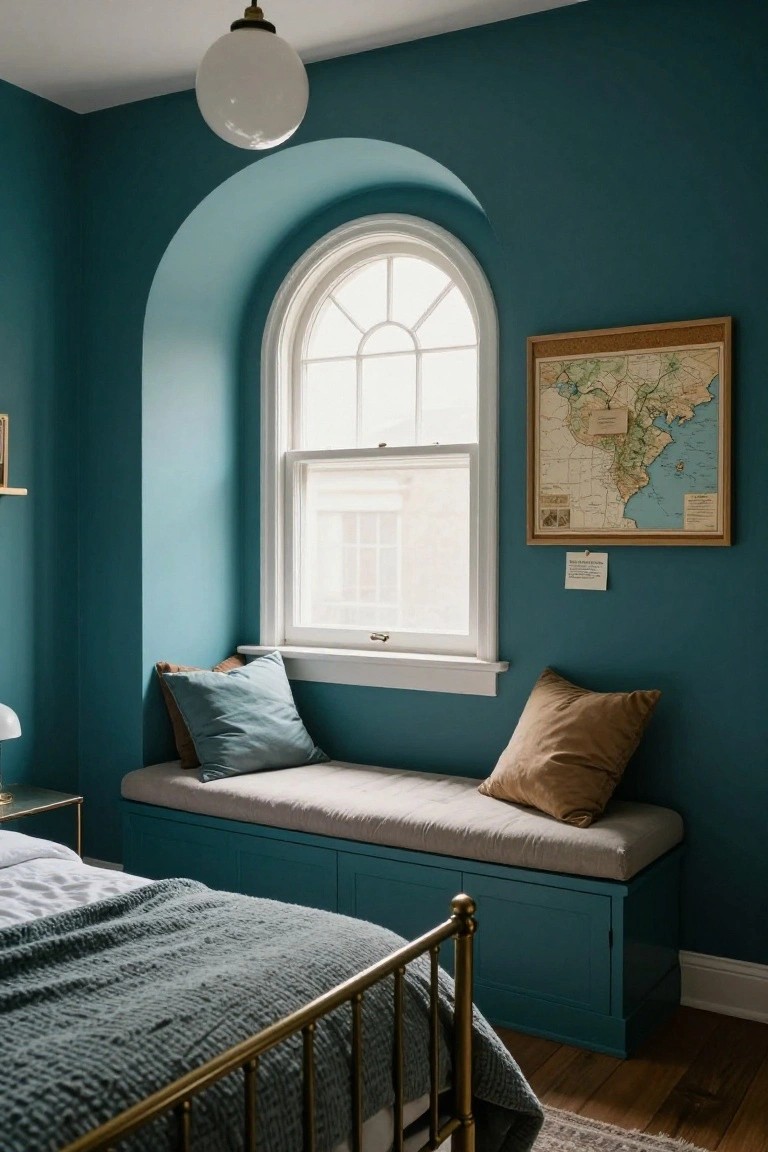 Bedroom with deep teal walls, arched white window, framed vintage map on wall, built-in teal bench with neutral pillows and cushions, brass bed frame, and bedside table.
