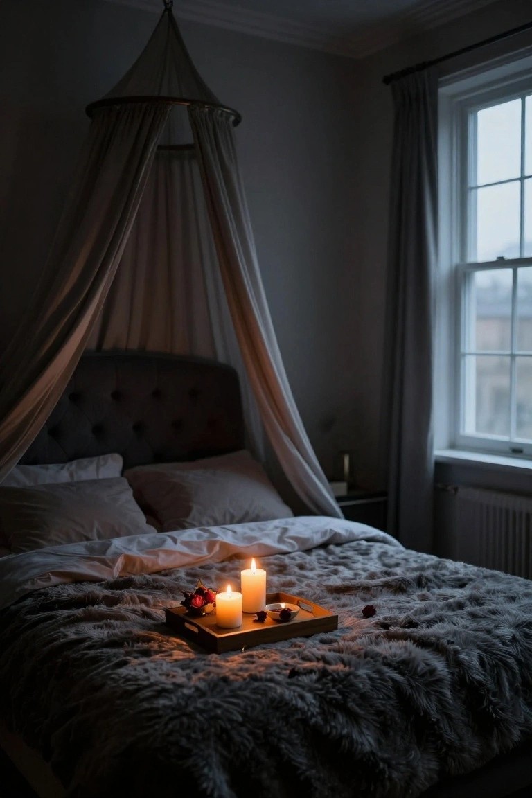 Bedroom featuring a gray tufted headboard bed under a white fabric canopy, with gray fur blanket, wooden tray holding lit candles and roses on the bed, and a window with curtains in the background.