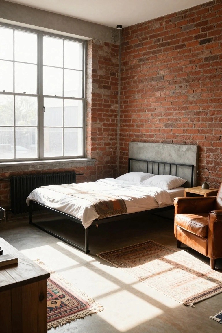 A bedroom with exposed red brick walls, black metal bed frame with concrete headboard, white bedding and pillows, brown leather armchair, wooden side tables, radiator, and large windows with sunlight on a concrete floor.