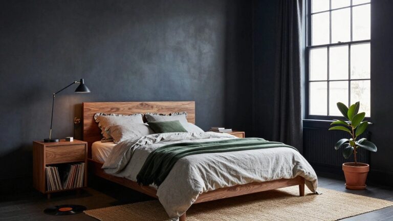 Bedroom with dark gray walls, wooden headboard bed with white and green bedding, wooden nightstand holding books, tall potted plant in terracotta pot, black adjustable wall lamp, linen curtains on window, hardwood floor, and beige seagrass rug.